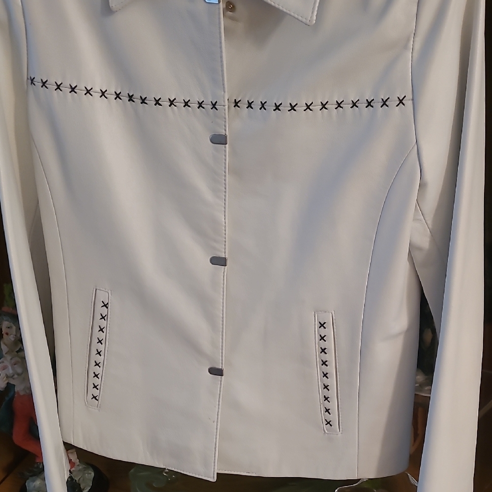 Black Diamond White Leather Jacket with Black Stitching New Listing